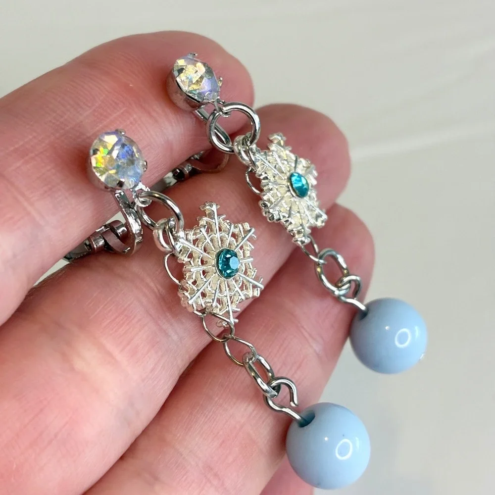 Snowflake Clip On Earrings Kids Blue Bead Dangle‎ Rhinestone Winter Jewelry